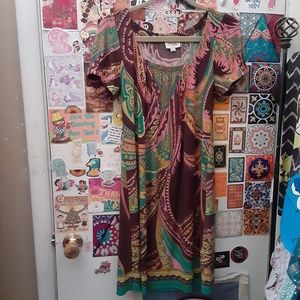 Beige by ECI 4 S Colorful Paisley Shift Slip Mu Mu Square Neck Pleated Dress